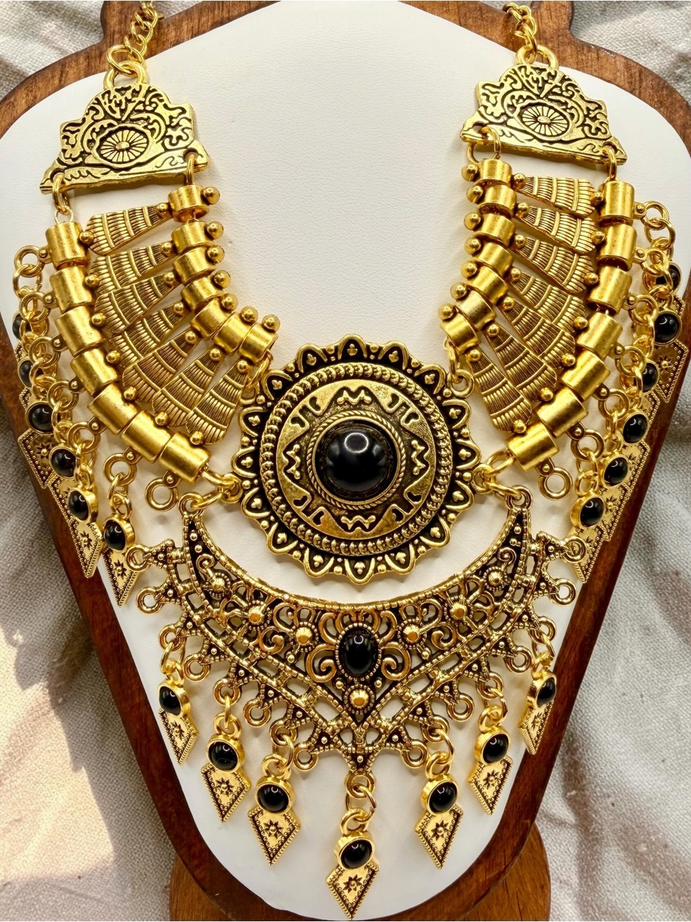 Gold Statement Bib Necklace with Black Stones Boho Tribal Festival Jewelry